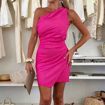 MQTIME  -  Fashion Draped Hight Waist Solid Mini Dress Women Elegant Sleeveless Party Dresses Sexy Slanted Collar Irregular Wrap Hip Dress